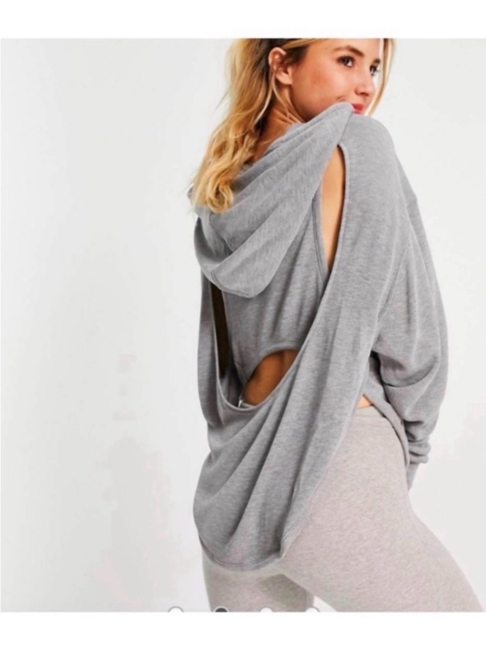 FREE PEOPLE Movement Grey Hooded Cut Out Racerback Sweatshirt Size Small - Picture 3 of 9